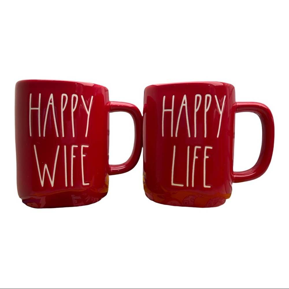 Rae Dunn Happy Wife Happy Life Mug Set Red Farmhouse Glazed Ceramic
